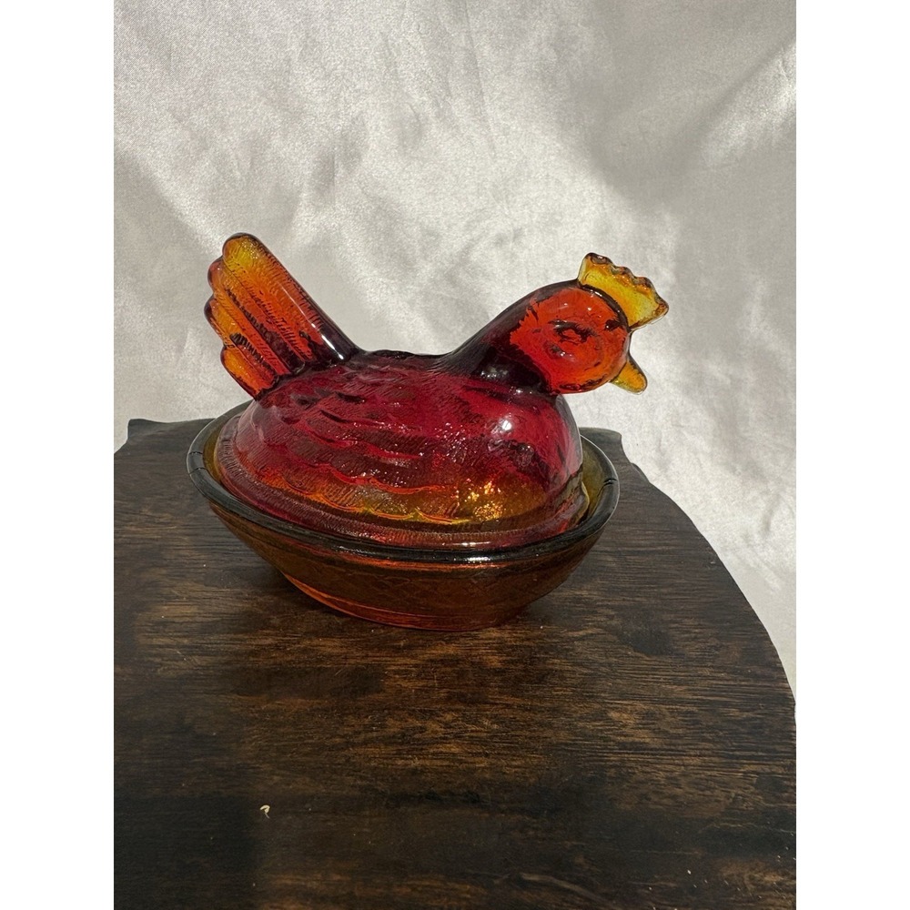 Vibrant Vintage Amberina Glass Hen On A Nest Cadmium Orange Red Unique Small